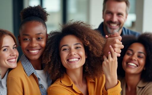 Diverse team members engaging in a cheerful group activity