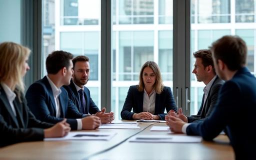 Business leaders at a table discussing HR strategy