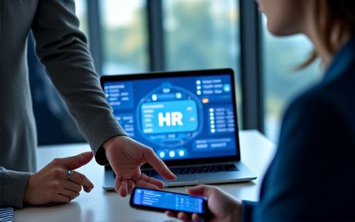 An expert demonstrating HR technology on a screen